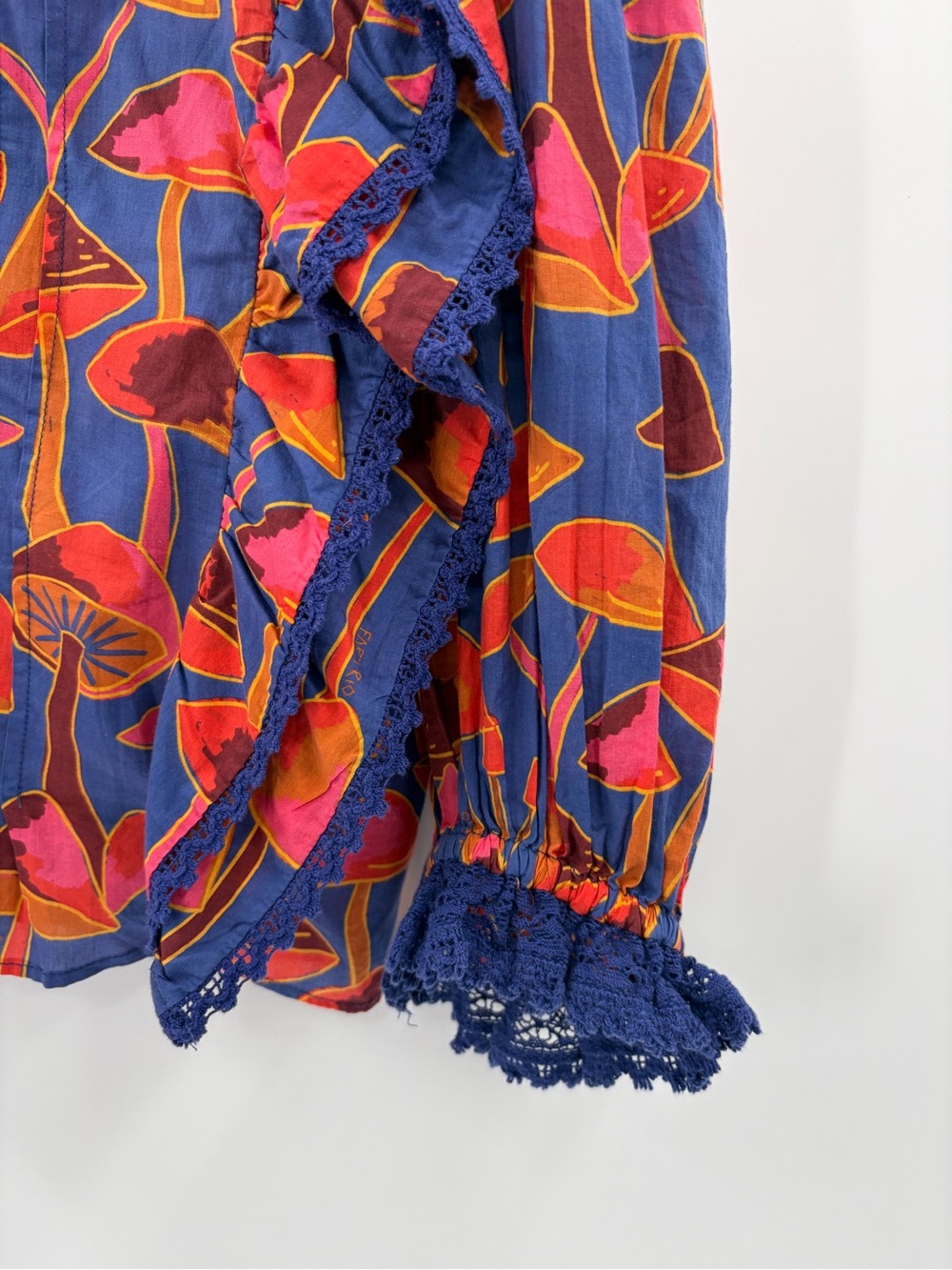 Farm Rio bohemian boho bright blue mushroom sketch button ruffle blouse size xl - Picture 8 of 15